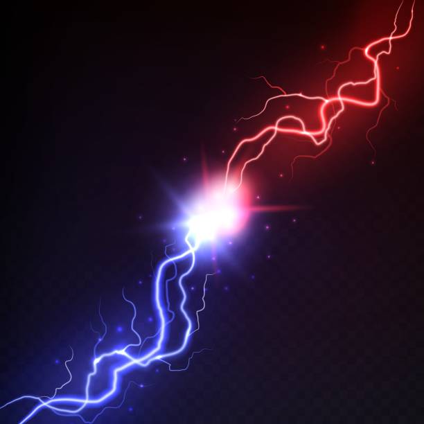 Blue and red lightning bolts meeting in a burst of light